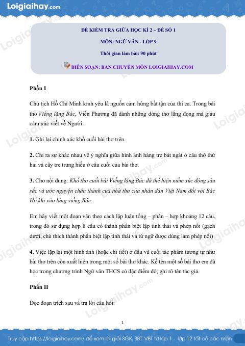 Đề thi giữa kì 2 Văn 9 - Đề số 1 - chương trình cũ